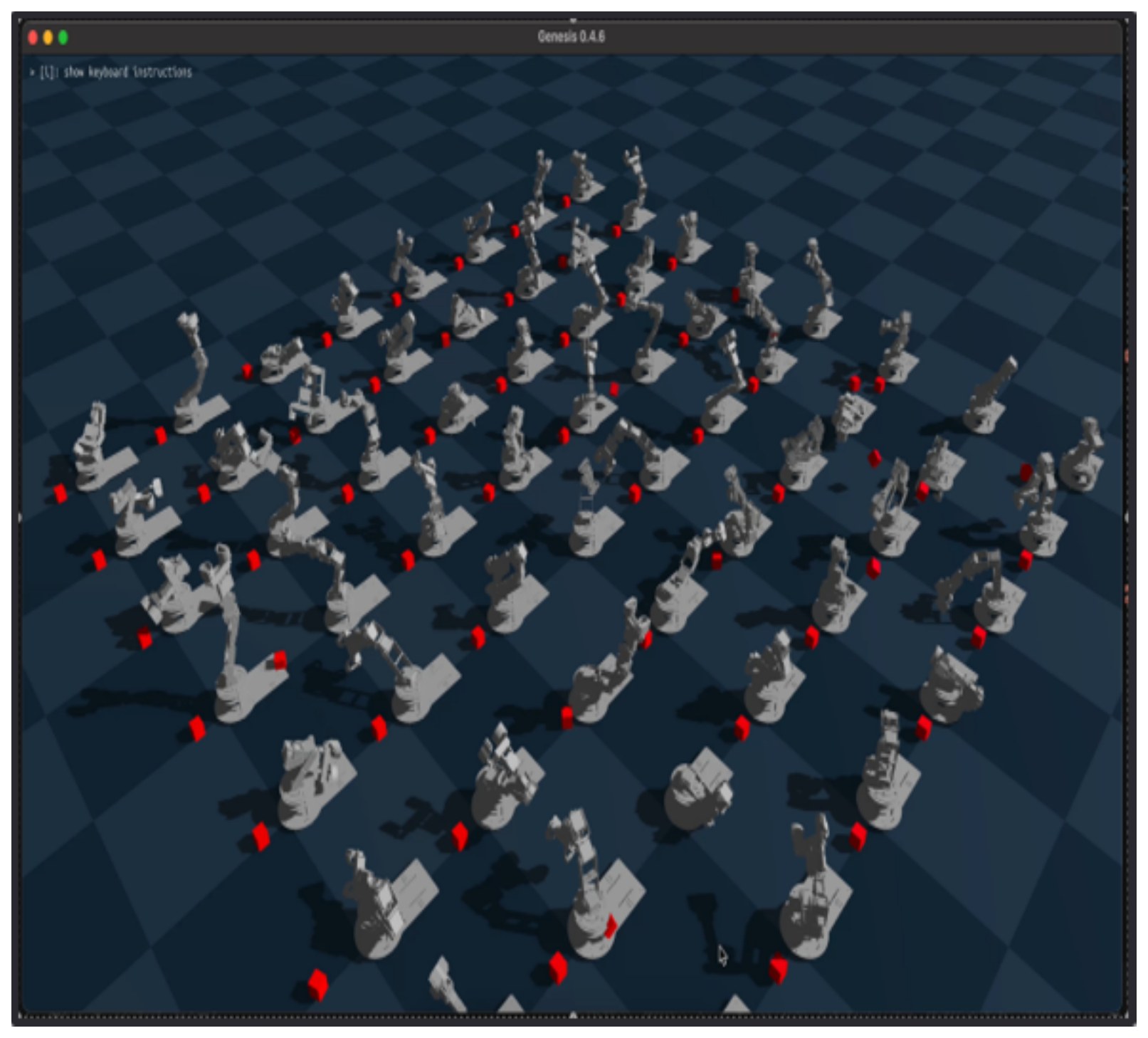 Dozens of simulated arms grasping objects in parallel in the Genesis physics engine