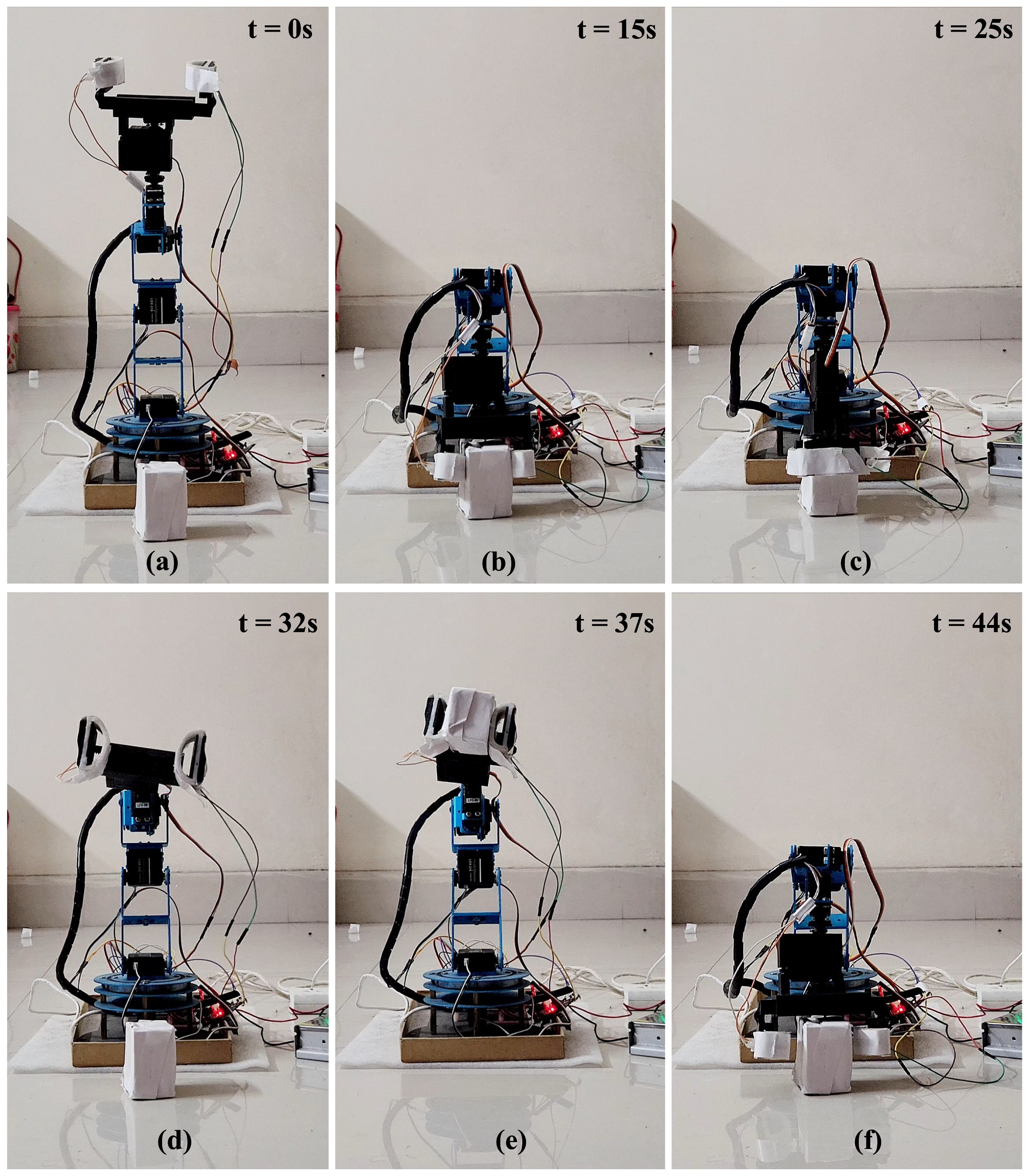 Six frames of one grasp: start, first probe, second probe, grasp, lift and release
