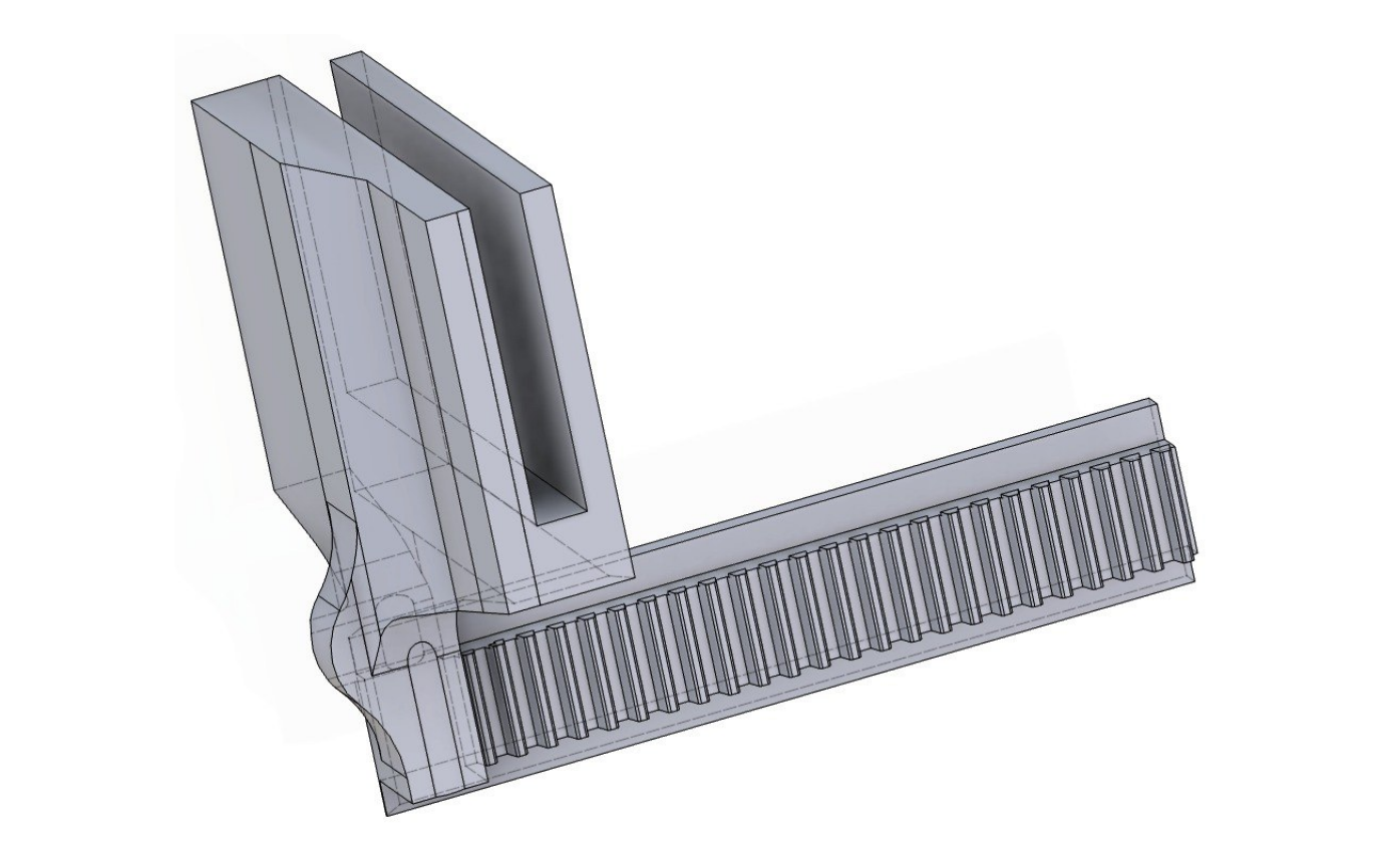 CAD model of the rack-driven parallel gripper jaw that holds a silicone finger