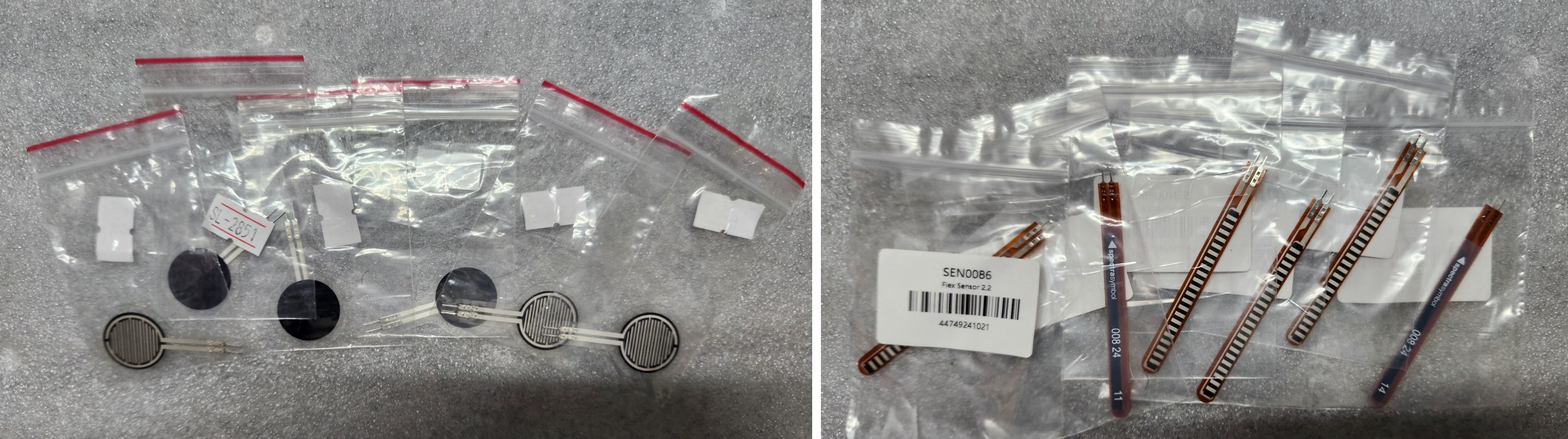Round thin-film force sensing resistors and 2.2 inch flex sensors in anti-static bags before mounting
