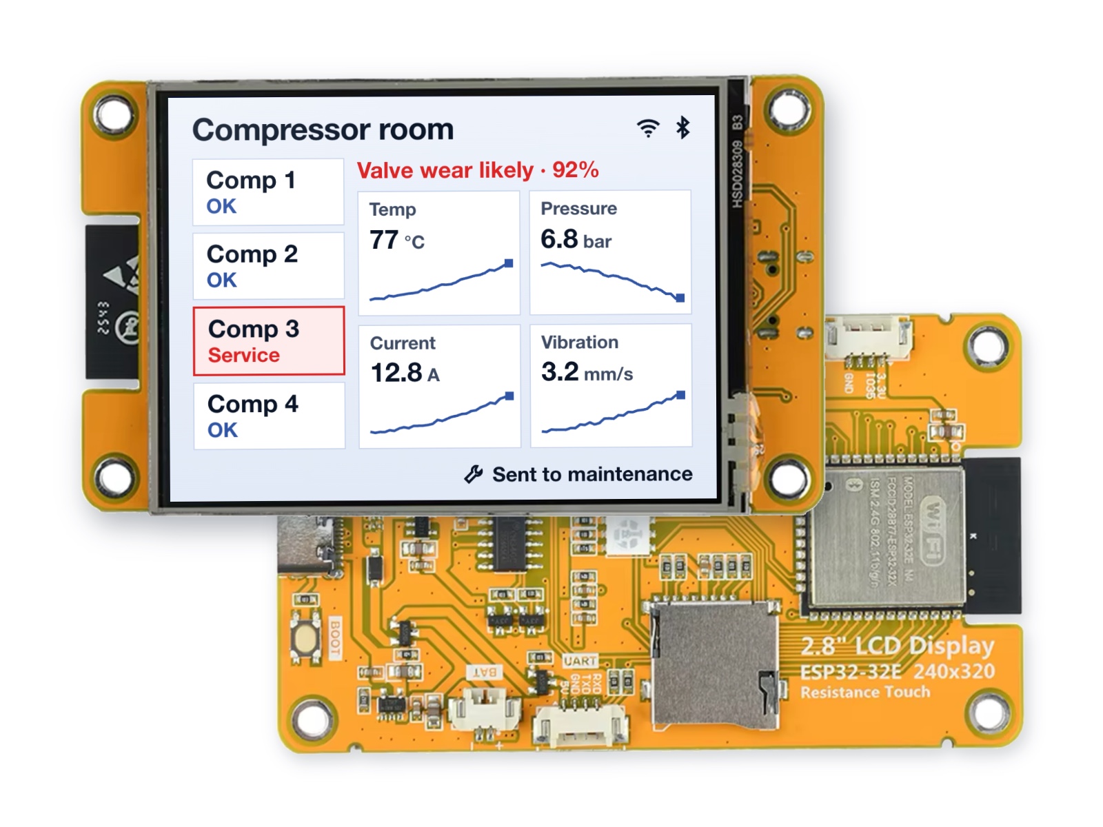 Edge AI consulting: ESP32 hub with a 2.8-inch display reading temperature, pressure, current and vibration from four compressors and flagging Compressor 3 for service