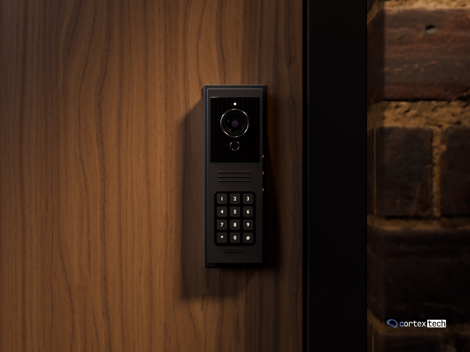 Hardware product development company: render of a black door intercom with a camera and a number keypad, mounted on a wooden wall