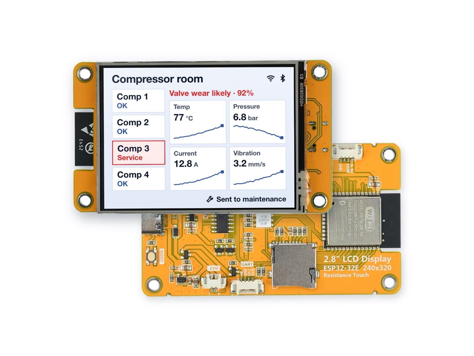 IoT firmware development on an ESP32 board whose 2.8-inch screen shows a compressor room dashboard with a service warning for Comp 3