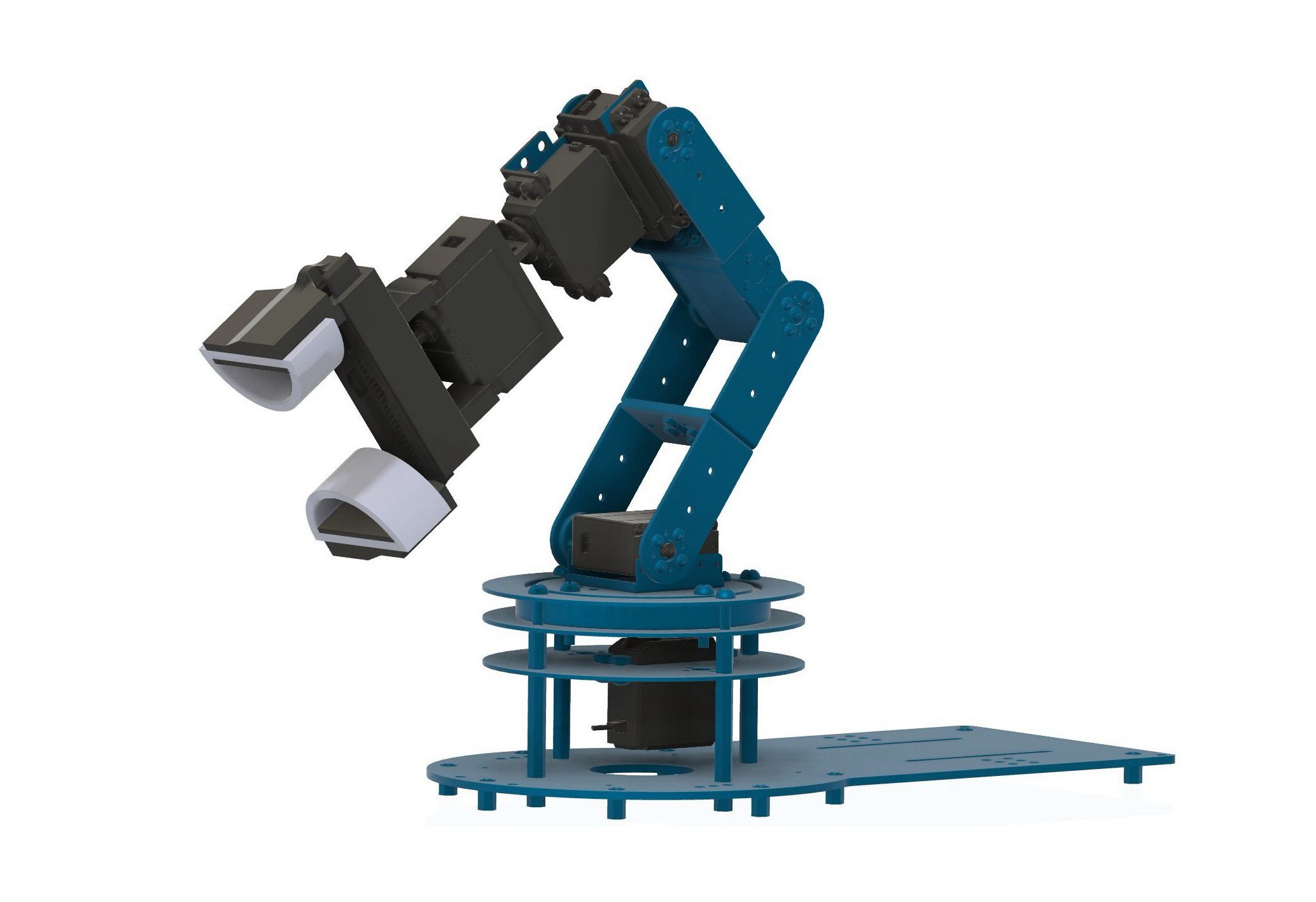 Robotics software development: CAD model of a 6-DOF arm with the two-finger soft silicone gripper from our visionless grasping robot